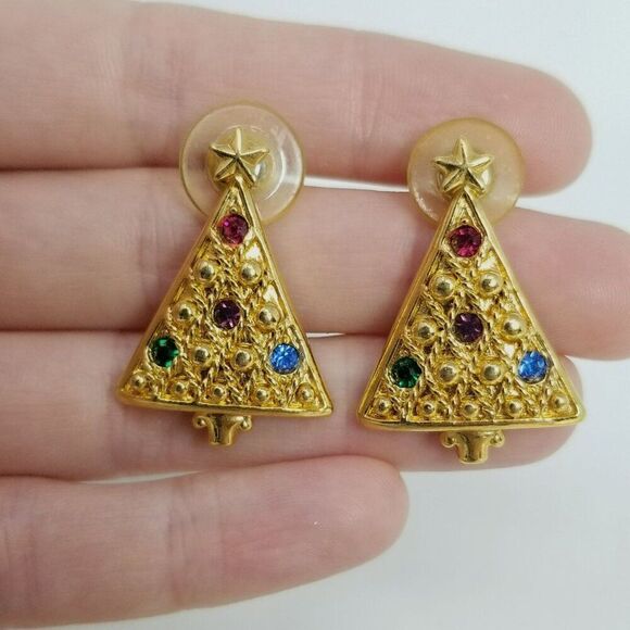 Vintage Christmas Tree Stud Earrings, Gold Tone Colorful Rhinestones, Estate - Picture 6 of 6